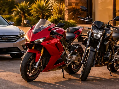 Motocicletas estacionadas ao pôr do sol