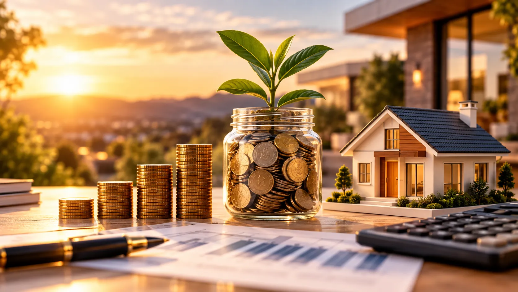 Moedas empilhadas, pote com planta e miniatura de casa ao pôr do sol