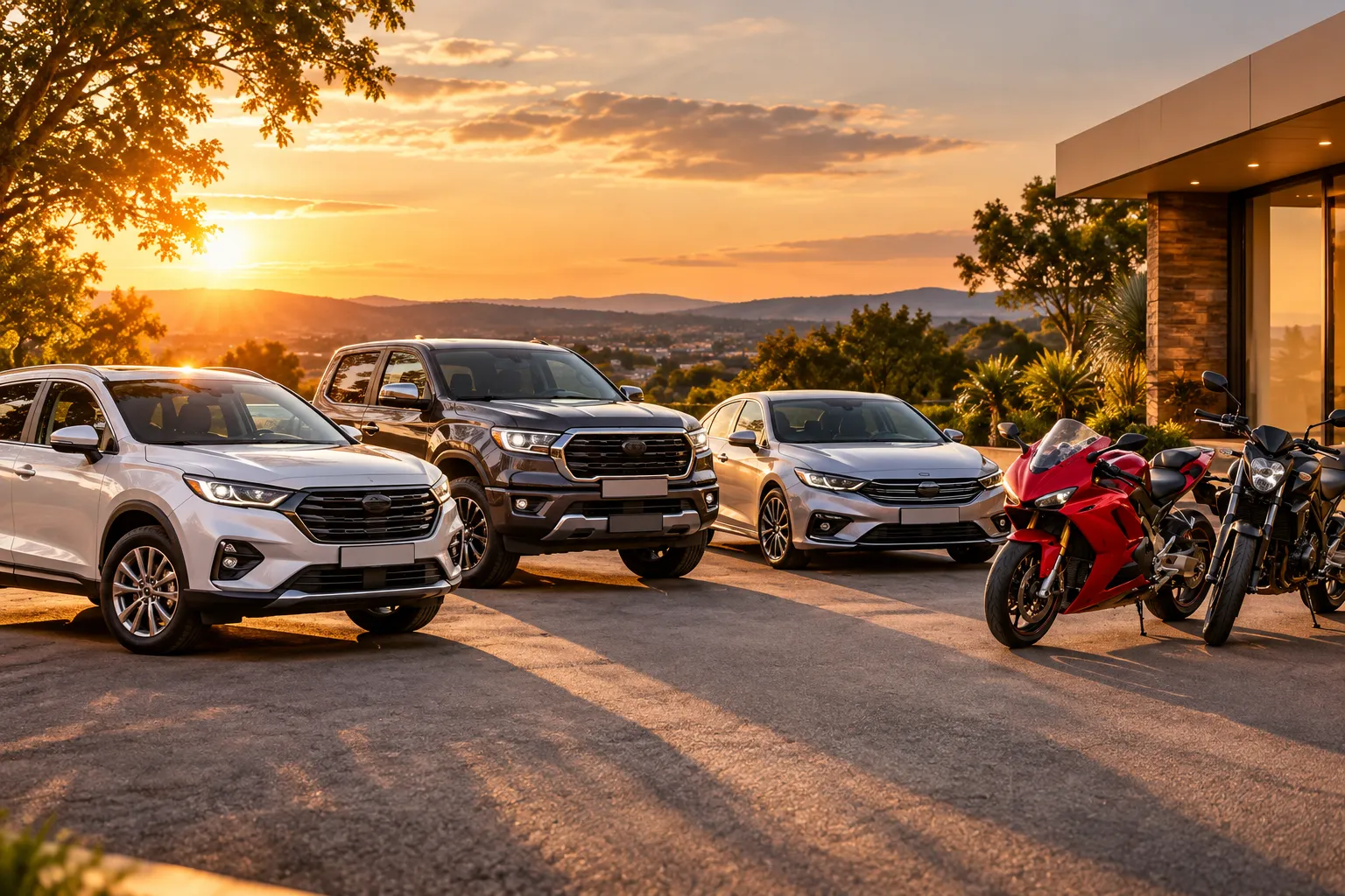 Carros estacionados ao pôr do sol